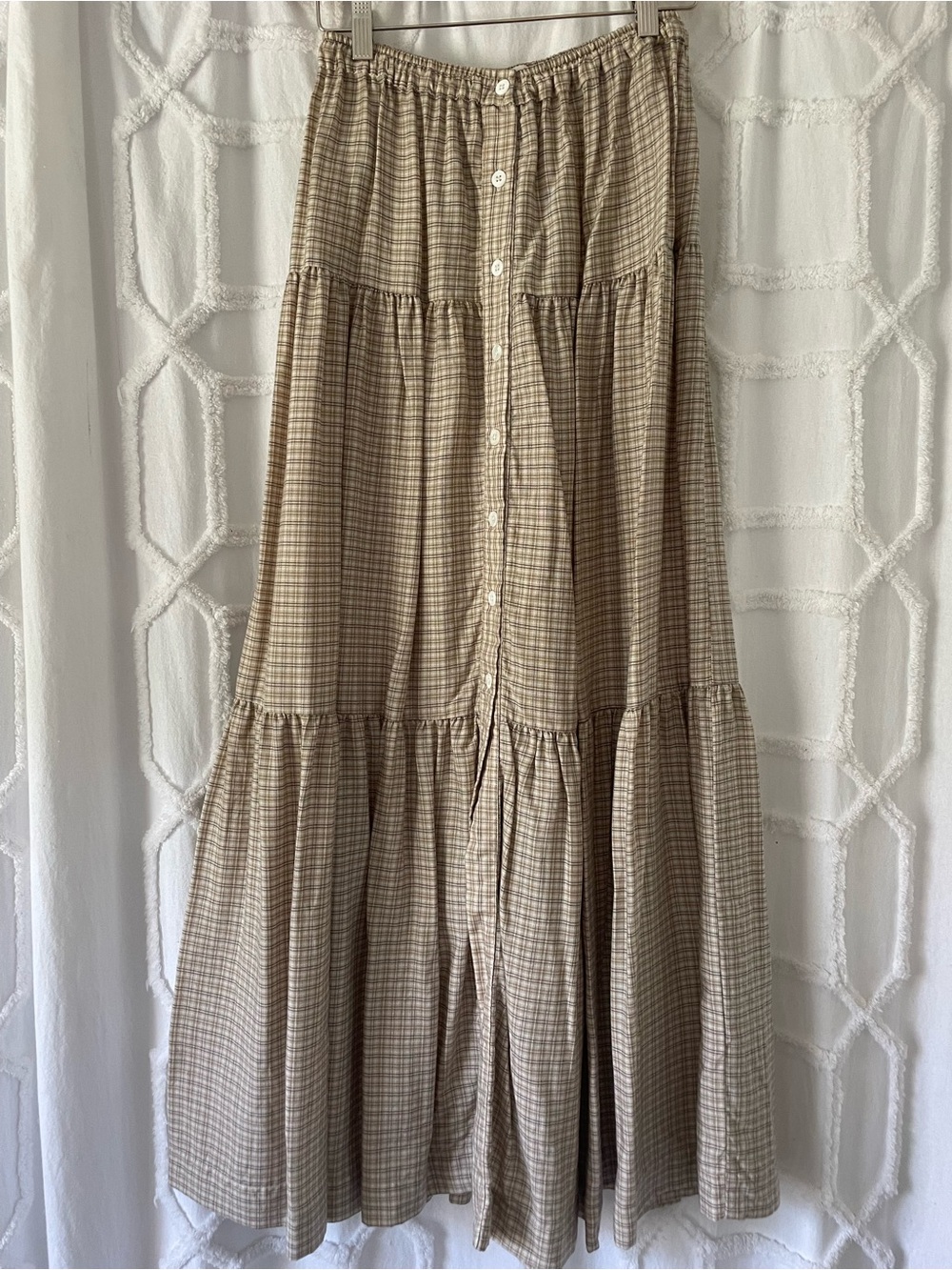Christy Dawn Beige Plaid Tiered Maxi Skirt